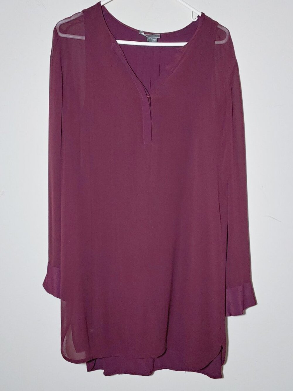 Vince Double Layer 100% Silk Long Cuffed Sleeve Shift Dress Size 8 Burgundy